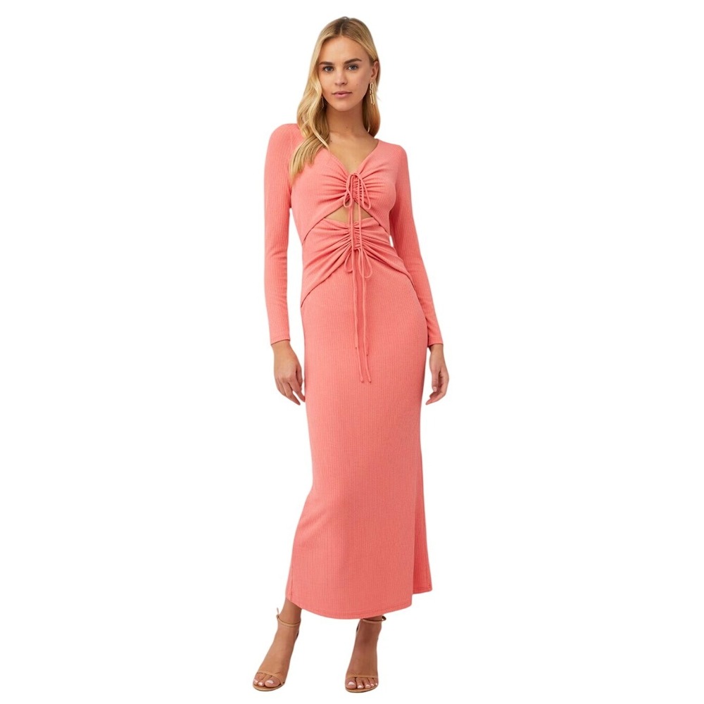 Significant Other Coral Ribbed Cutout Ruched Midi Dress XS Bodycon Resort Sexy